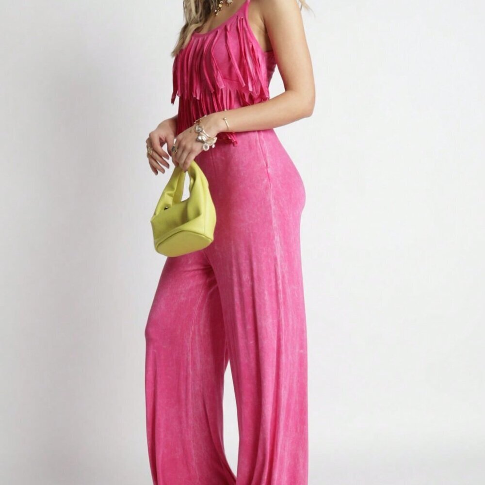 Fuchsia Casual Women's Mineral Washed Fringe Jumpsuit